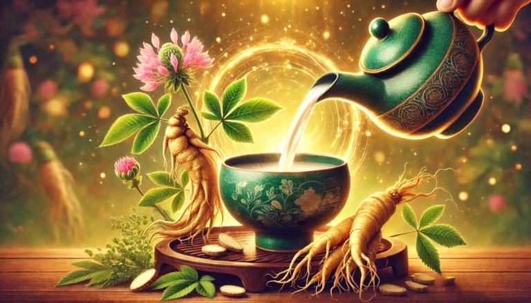 A steaming cup of Korean ginseng root drink being poured into an elegant ceramic cup, surrounded by fresh ginseng roots and green tea leaves, glowing with golden energy, symbolizing vitality and natural health benefits.