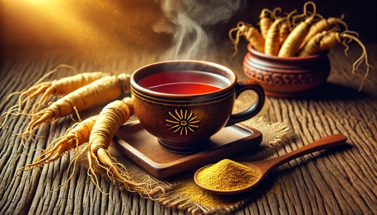 A steaming cup of herbal tea infused with ginseng powder on a rustic wooden table, surrounded by fresh ginseng roots and a wooden spoon filled with fine golden-brown powder, evoking warmth and vitality.