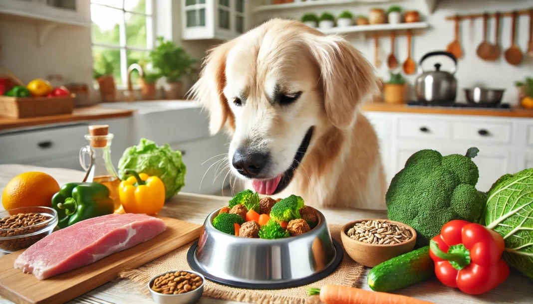A happy golden retriever enjoys a nutritious meal in a cozy home kitchen, showcasing a gut-healthy diet with fresh ingredients for optimal canine digestion.