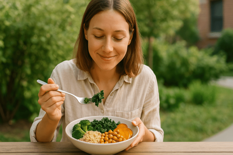 A young woman with shoulder-length light brown hair sits at a wooden outdoor table enjoying a colorful plant-based dinner bowl in soft morning sunlight. The wholesome meal includes quinoa, roasted sweet potatoes, chickpeas, kale, and broccoli, visually emphasizing the ease and vibrancy of healthy whole food plant-based recipes for beginners.