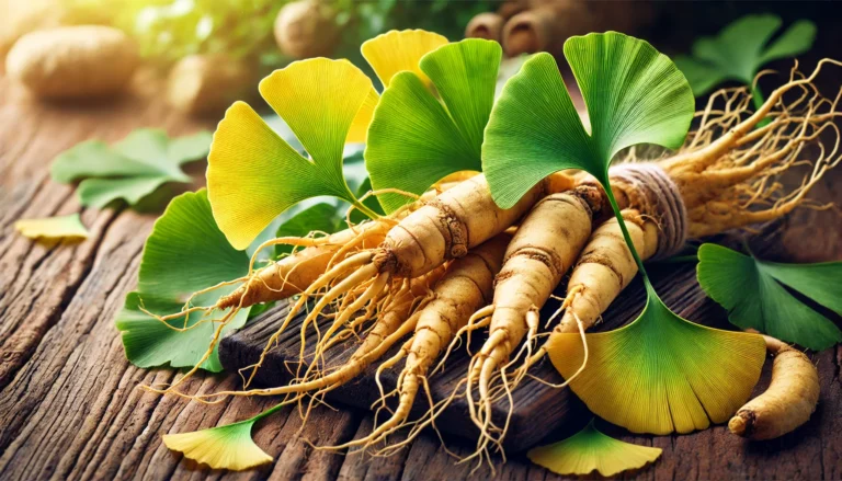 Fresh ginseng roots and vibrant green ginkgo biloba leaves arranged on a rustic wooden surface, symbolizing herbal vitality and wellness.