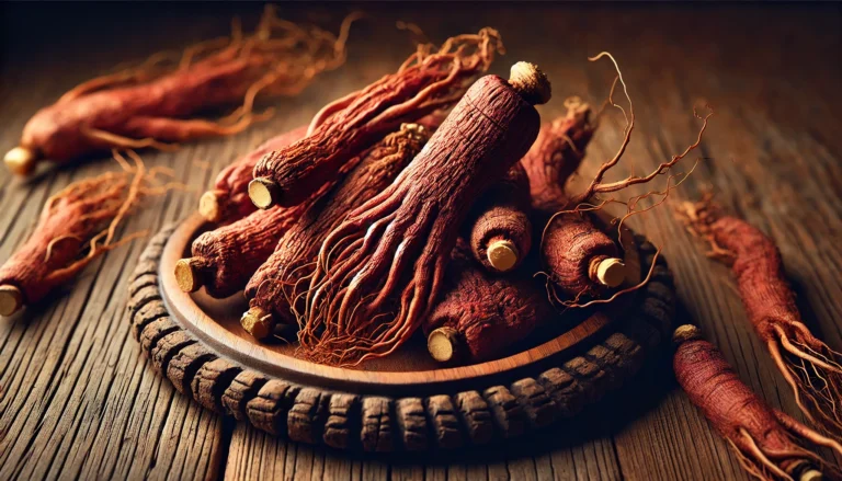 A close-up of dried Korean red ginseng roots on a rustic wooden table, showcasing their deep reddish-brown color and intricate textures, illuminated by soft, warm lighting.