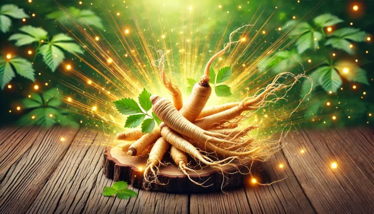 A vibrant composition of fresh Panax ginseng roots on a wooden surface, illuminated by golden light beams symbolizing energy, stamina, and vitality.