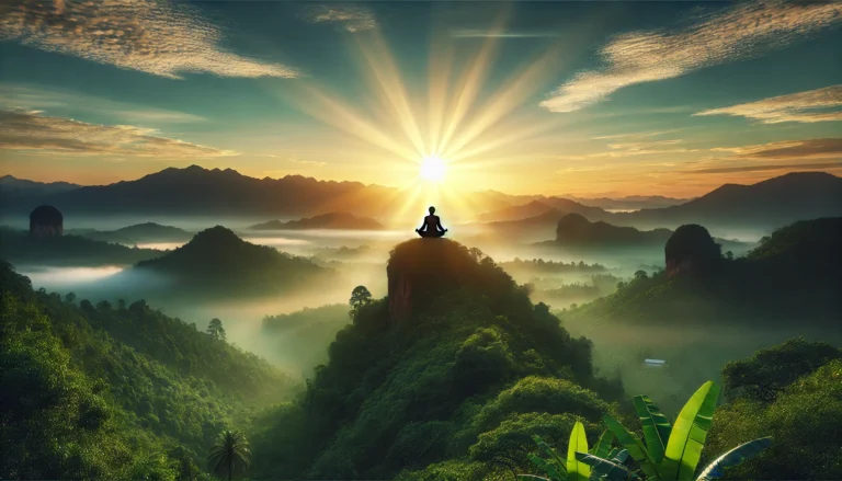 A serene sunrise over a lush green valley with a person meditating on a hilltop, symbolizing stress relief, energy balance, and mental clarity.