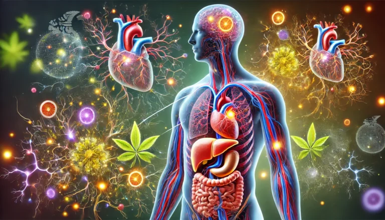 A detailed visual representation highlighting the impact of ginseng on the circulatory system, liver, and nervous system, with glowing elements indicating physiological interactions.