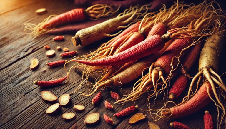 Close-up of freshly harvested red ginseng roots on a rustic wooden surface, showcasing their rich textures and natural health benefits in warm, earthy tones.