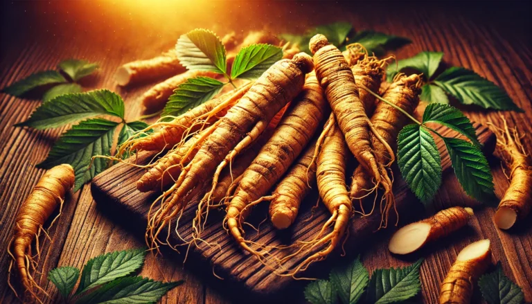 A close-up of fresh ginseng roots with a golden-brown texture, arranged on a rustic wooden surface with herbal leaves surrounding them, symbolizing natural energy and wellness.
