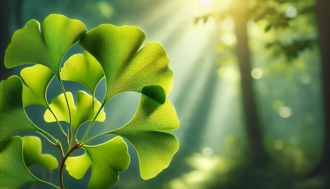 A serene close-up of Ginkgo biloba leaves illuminated by sunlight, symbolizing natural health and wellness in a peaceful forest setting.