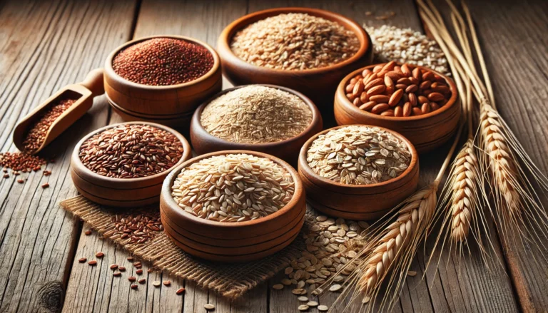 A close-up view of various whole grains, including quinoa, oats, brown rice, and barley, displayed in rustic wooden bowls on a textured wooden surface.