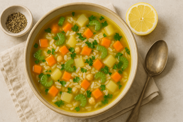A bowl of creamy golden vegan soup filled with chunks of carrots, potatoes, and vibrant spinach leaves, garnished with fresh parsley and served alongside a vintage spoon and a small dish of breadcrumbs on a beige linen cloth—evoking a comforting, nourishing plant-based meal ideal for recovery.