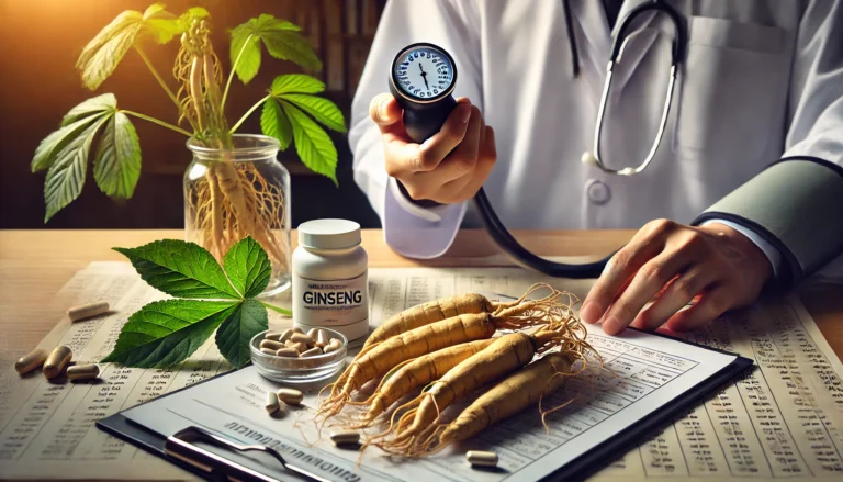 A doctor's hand holding a blood pressure cuff, with fresh ginseng roots and supplement capsules placed on a medical chart, representing the intersection of herbal and clinical approaches to hypertension management.