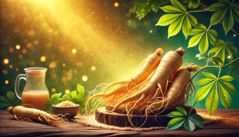 A vibrant composition of fresh ginseng roots in a warm, glowing natural setting, symbolizing vitality and wellness.