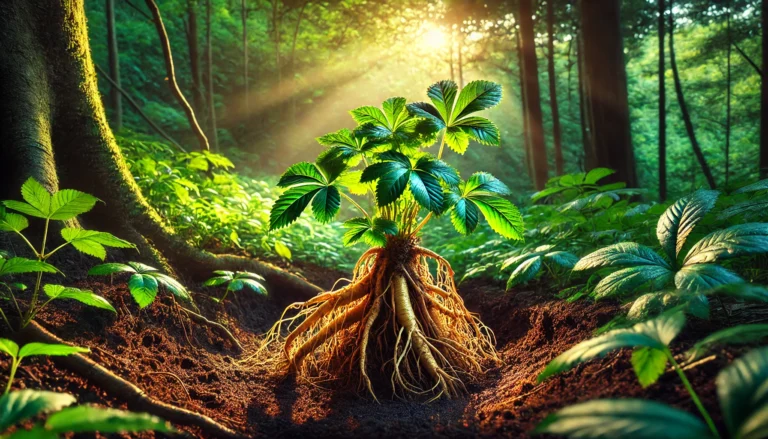 A serene forest setting with wild ginseng plants growing among lush green foliage, their roots partially exposed in rich, dark soil, illuminated by soft sunlight filtering through the trees.