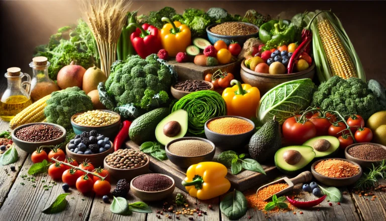 A vibrant assortment of fresh vegetables, fruits, legumes, and whole grains displayed on a rustic wooden kitchen counter, illuminated by natural light, symbolizing a plant-based meal preparation.