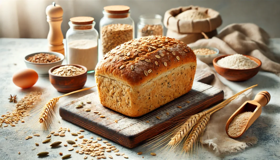 A freshly baked loaf of whole grain vegan bread on a wooden cutting board, surrounded by natural ingredients like oats, seeds, and whole wheat flour in a rustic kitchen with soft natural lighting.