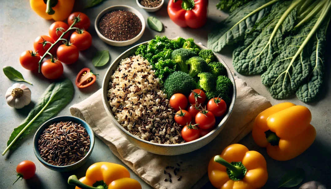 A beautifully arranged plant-based meal featuring a bowl of brown rice, quinoa, and wild rice, surrounded by fresh vegetables such as bell peppers, kale, and cherry tomatoes, illuminated by natural light.