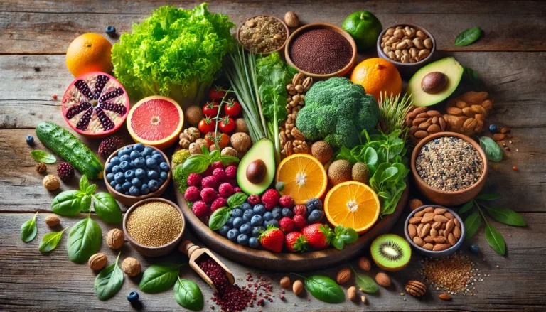 A vibrant assortment of fresh clean whole foods, including leafy greens, colorful fruits, whole grains, nuts, and seeds, arranged on a rustic wooden table with natural lighting.