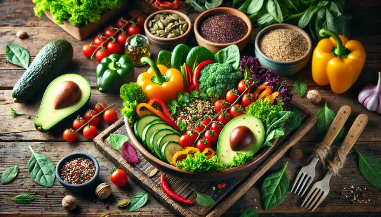 A vibrant whole-food plant-based meal in a bowl, featuring colorful vegetables, avocados, quinoa, and fresh herbs on a rustic wooden table, highlighting the nutritional richness of whole foods.