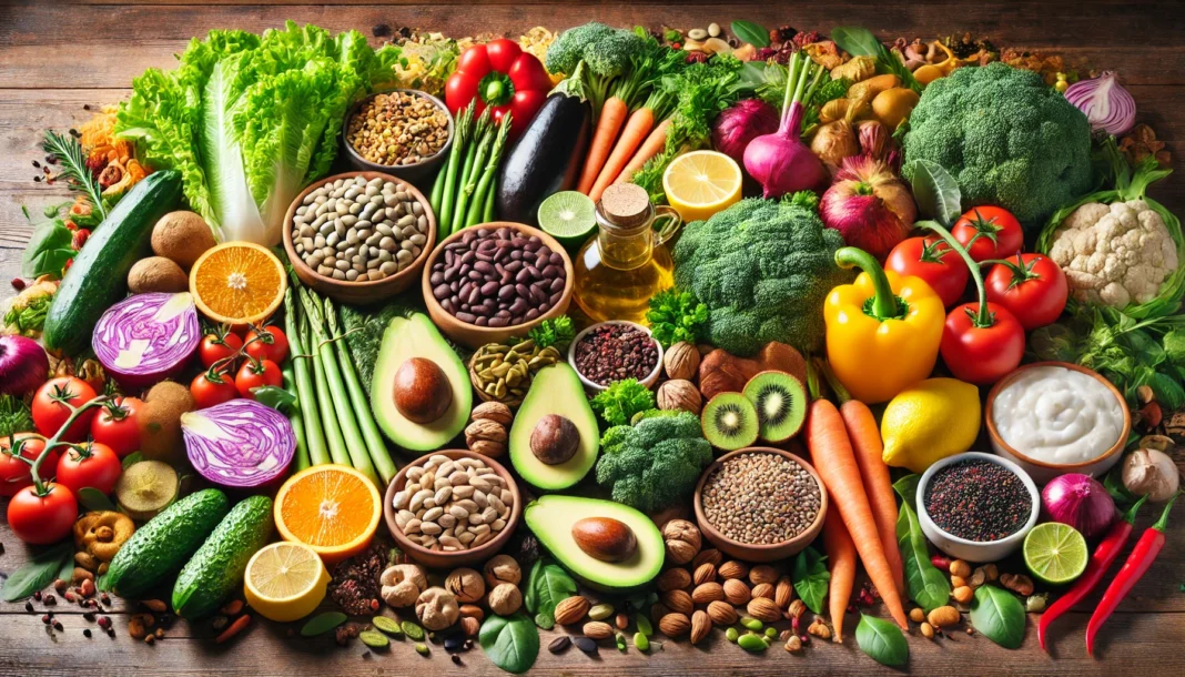 A vibrant display of fresh, whole foods, including leafy greens, colorful vegetables, whole grains, nuts, seeds, and healthy fats like avocados, arranged on a rustic wooden table, representing a nutritious and natural approach to clean eating.