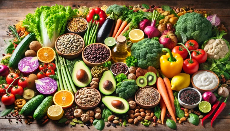 A vibrant display of fresh, whole foods, including leafy greens, colorful vegetables, whole grains, nuts, seeds, and healthy fats like avocados, arranged on a rustic wooden table, representing a nutritious and natural approach to clean eating.