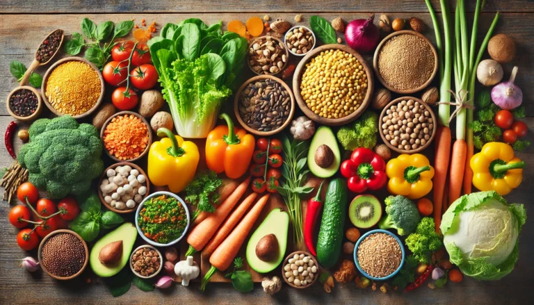 A vibrant spread of fresh plant-based foods, including colorful vegetables, legumes, whole grains, and healthy fats, displayed on a wooden table, emphasizing a balanced flexitarian diet.