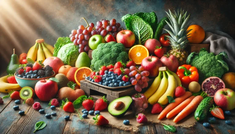 A vibrant assortment of fresh fruits and vegetables displayed on a rustic wooden table, including apples, oranges, bananas, berries, carrots, bell peppers, broccoli, kale, and avocados.