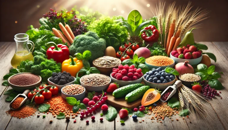 A vibrant assortment of high-fiber, low-calorie plant-based foods including fresh leafy greens, berries, legumes, and whole grains displayed on a wooden table with natural lighting.