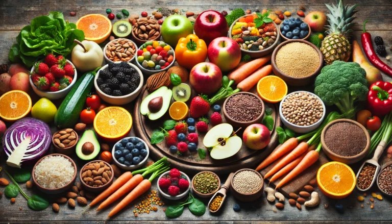 A vibrant assortment of fresh plant-based foods displayed on a rustic wooden table, featuring colorful fruits, vegetables, whole grains, legumes, nuts, and seeds.
