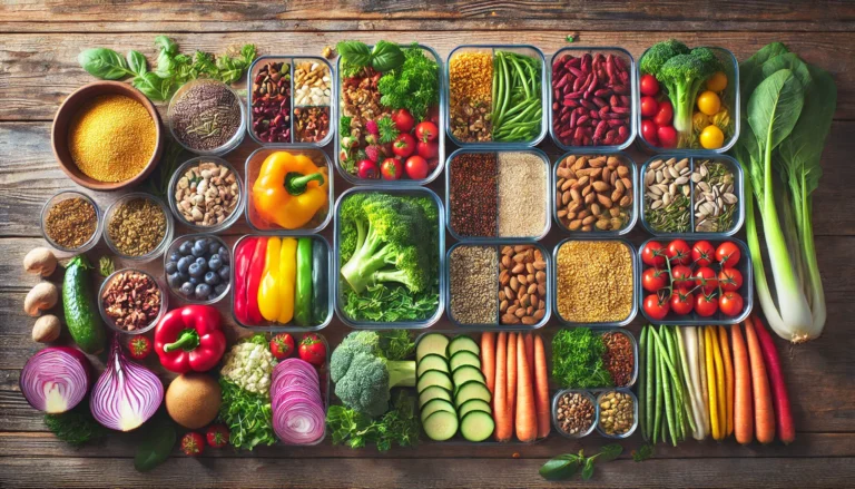 A vibrant overhead shot of a whole-food plant-based meal prep setup, featuring fresh vegetables, legumes, whole grains, nuts, and seeds in glass containers on a rustic wooden table.