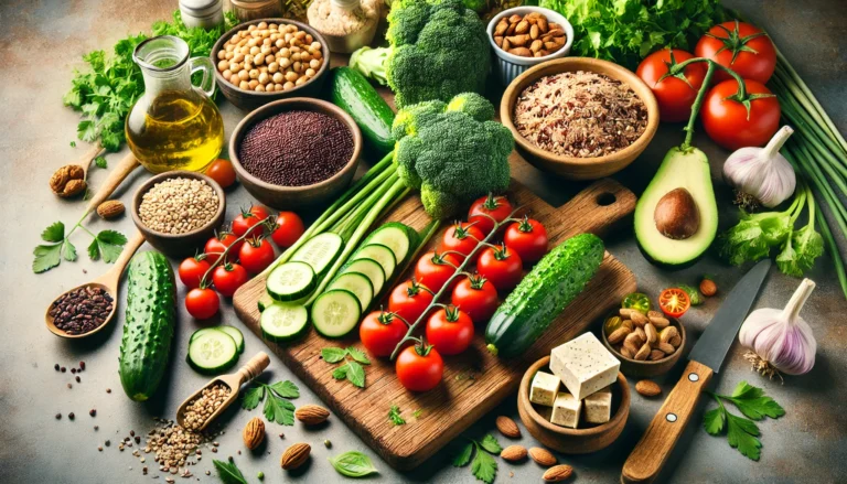 A nutritious and inviting plant-based meal prep scene with fresh produce, grains, protein-rich ingredients like chickpeas and tofu, and a wooden cutting board with freshly chopped herbs.