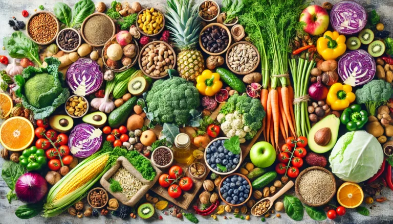 A vibrant farmer’s market showcasing an abundance of fresh plant-based ingredients such as organic vegetables, fruits, nuts, and whole grains. The scene is filled with natural colors and textures, representing the freshness and variety of plant-based eating.