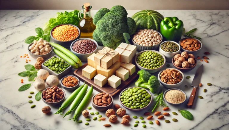 A beautifully arranged selection of plant-based protein sources on a marble countertop, showcasing tofu, chickpeas, lentils, quinoa, almonds, walnuts, pumpkin seeds, edamame, and fresh green vegetables like broccoli and peas.