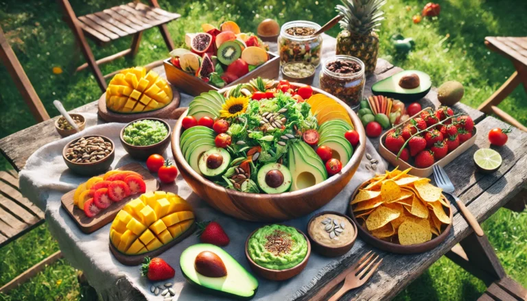A colorful raw vegan feast set outdoors on a picnic table, showcasing a large mixed green salad with avocado and sunflower seeds, raw dips like guacamole and cashew cheese, fresh fruit platters, and dehydrated vegetable chips, enhanced by natural sunlight and greenery.