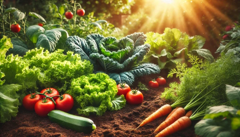 A lush organic garden thriving with fresh vegetables such as kale, lettuce, tomatoes, carrots, and zucchini, bathed in warm sunlight with rich soil and dewdrops on the leaves.