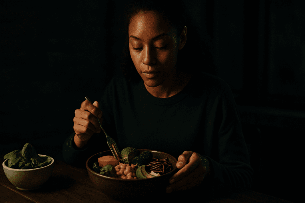 A young African American woman sits alone at night, illuminated by moody lighting as she eats a nutritious plant-based meal. The rich shadows and rustic table setting create a contemplative atmosphere that highlights the beauty and simplicity of healthy meat-free eating.