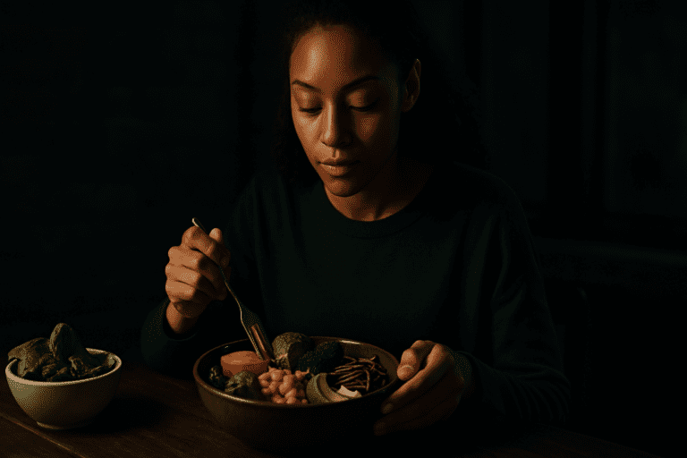 A young African American woman sits alone at night, illuminated by moody lighting as she eats a nutritious plant-based meal. The rich shadows and rustic table setting create a contemplative atmosphere that highlights the beauty and simplicity of healthy meat-free eating.