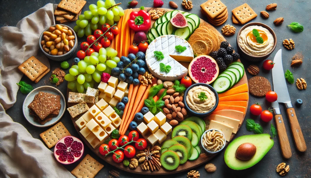 A beautifully arranged vegan charcuterie board featuring an assortment of plant-based cheeses, fresh fruits, nuts, hummus, crackers, and colorful vegetables, showcasing the variety and richness of a vegan diet.