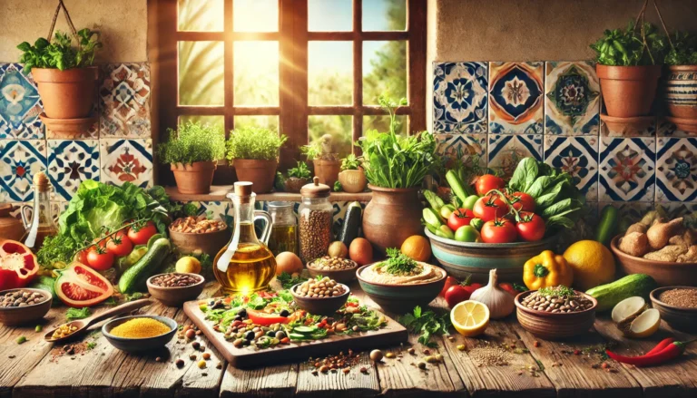 Sunlit Mediterranean kitchen with a rustic wooden table set with fresh vegetables, legumes, grains, nuts, olive oil, and a Greek salad, evoking the essence of plant-based Mediterranean cooking.