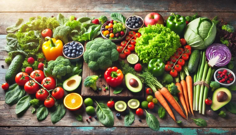 Colorful assortment of fresh vegetables and fruits including leafy greens, tomatoes, avocados, and berries on a rustic wooden table, representing whole-food plant-based nutrition in natural light.