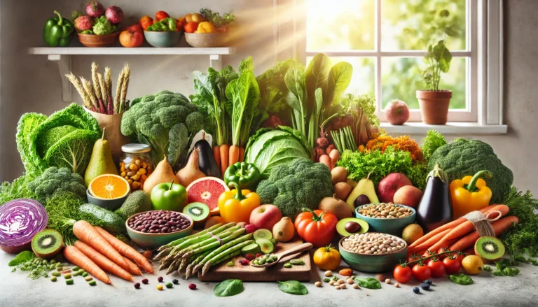A colorful assortment of whole plant-based foods like leafy greens, legumes, and root vegetables arranged on a sunlit kitchen counter, symbolizing unprocessed nutrition and plant-based weight loss strategies.