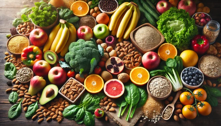 A colorful variety of fresh fruits, leafy greens, whole grains like quinoa, and nuts such as almonds, showcasing healthy, whole food options for a balanced diet.