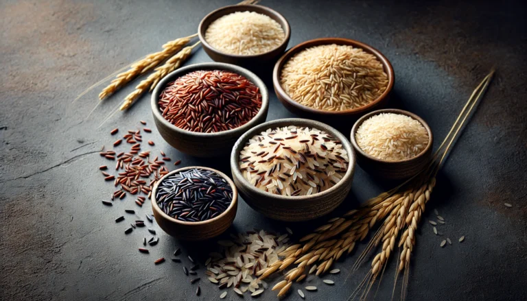 Assortment of uncooked wild, brown, and white rice grains in ceramic bowls on a dark background, showcasing rice variety in plant-based diets.