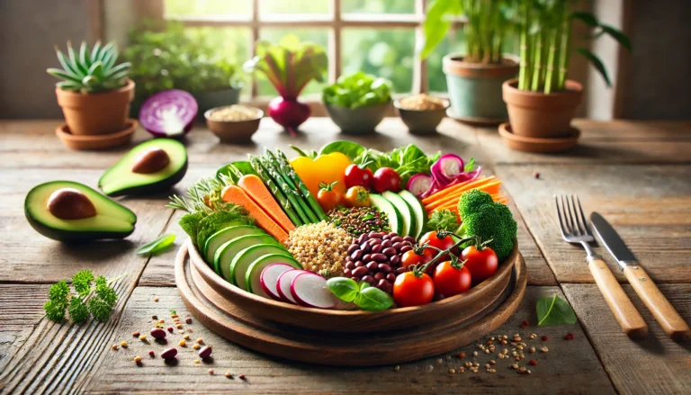 A vibrant plant-based meal featuring colorful vegetables, legumes, avocado, and quinoa served on a rustic wooden table with natural light and greenery in the background.