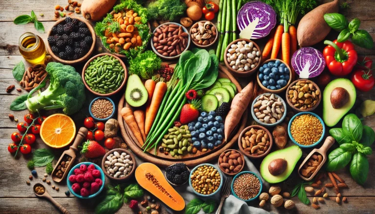 Colorful assortment of whole plant-based foods, including leafy greens, berries, legumes, nuts, seeds, and grains, displayed on a rustic wooden table under natural lighting.