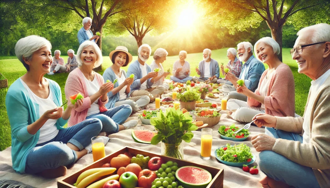 A diverse group of older adults enjoying a vibrant plant-based picnic outdoors, surrounded by sunlight and nature, symbolizing vitality and longevity through a vegan lifestyle.