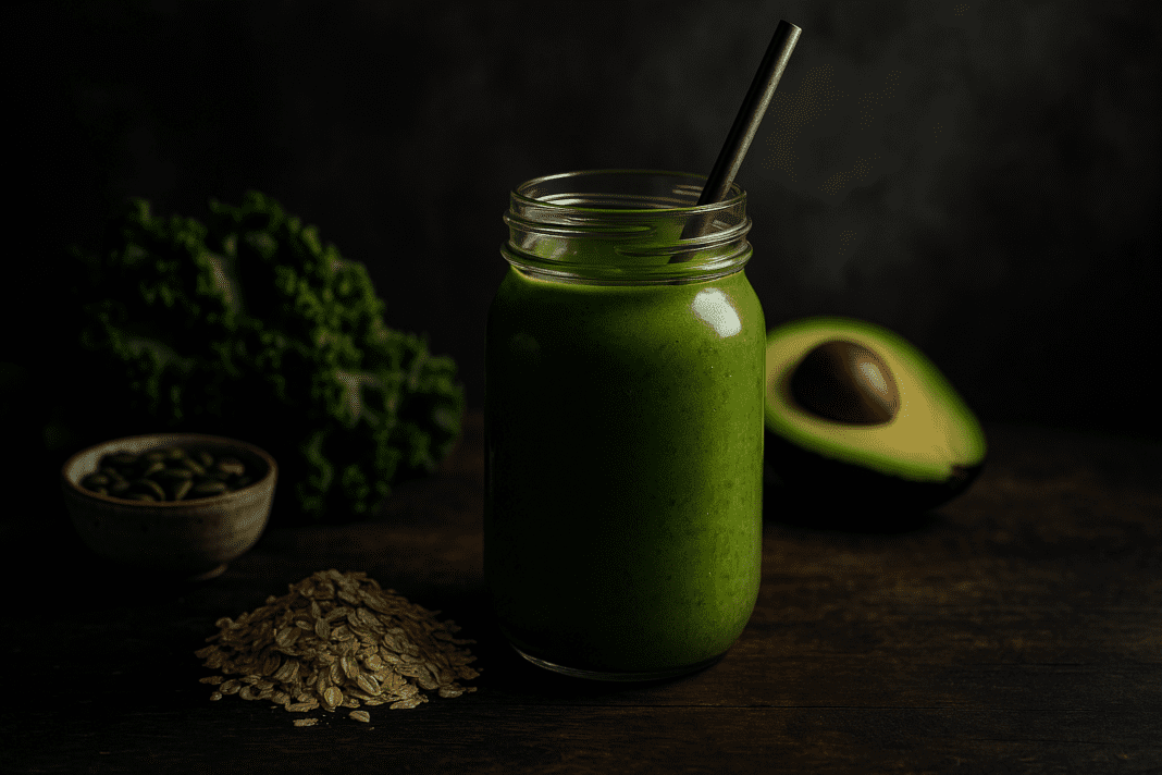 A high-resolution image features a vibrant green vegan smoothie in a mason jar, surrounded by fresh ingredients like kale, avocado, oats, and pumpkin seeds on a rustic wooden table. Captured with moody lighting and dramatic shadows, this visually striking setup emphasizes healthy plant-based nutrition in a minimalist, earthy setting.