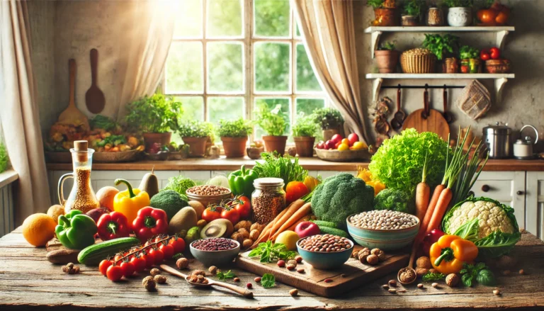 A rustic kitchen table filled with fresh, colorful plant-based ingredients like vegetables, legumes, grains, and fruits, symbolizing a healthy transition away from meat consumption.