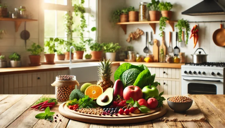 Colorful display of fresh whole plant foods including fruits, vegetables, legumes, and grains on a natural wood kitchen counter, illuminated by soft daylight in an eco-conscious setting.