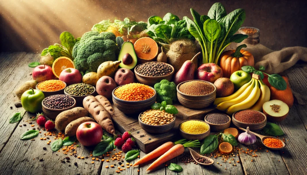 Whole food plant-based carbohydrates including lentils, quinoa, brown rice, fruits, and vegetables arranged on a rustic wooden table in natural light.