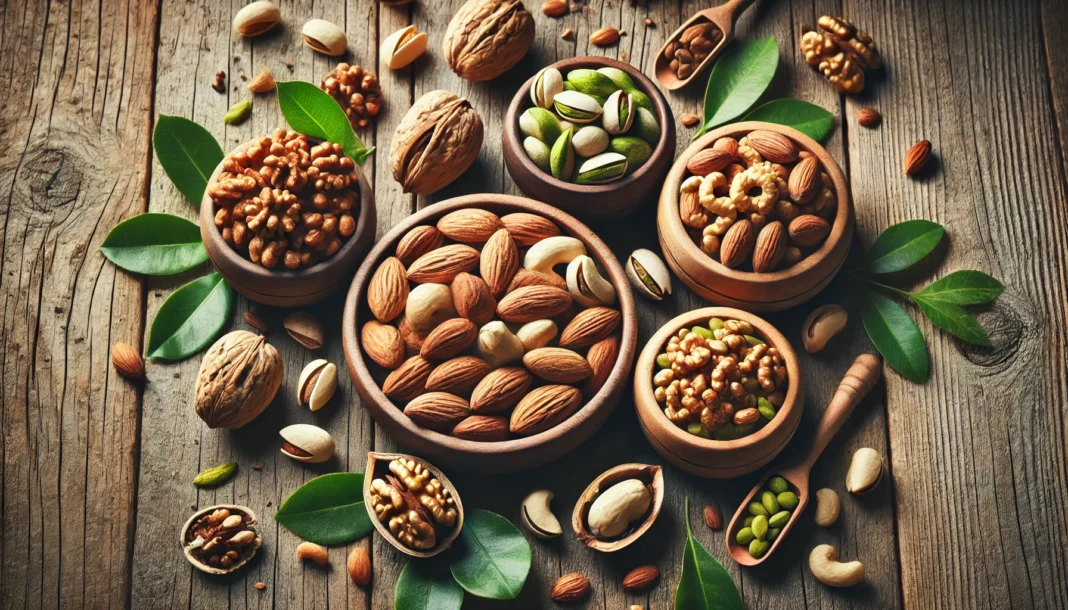 Flat lay of assorted raw vegan nuts including almonds, walnuts, cashews, and pistachios in wooden bowls on a rustic table, representing nutrient-dense plant-based options.